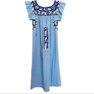 Mi Golondrina Traditional Artisan Mexican embroidery dress blue gingham size XS